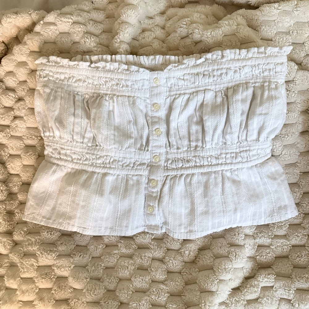 American Eagle Outfitters White Strapless Button-Front Smocked Top